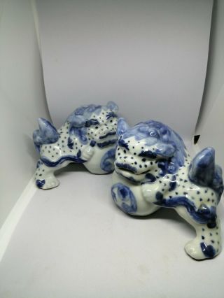 Vintage Chinese Foo Dogs Dragons - Blue White - Porcelain