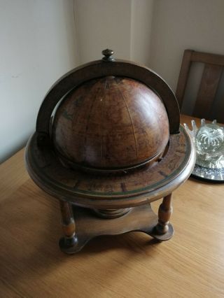 Vintage Wooden Brass Old World Globe With Zodiac Symbols 16inch Tall Ice Bucket