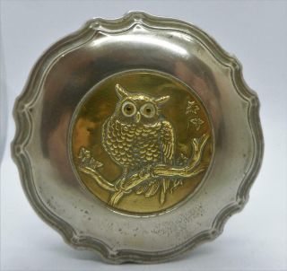 Antique Victorian Glass Brass Owl Glass Eyes Trinket Cosmetic Pot Box C1890 