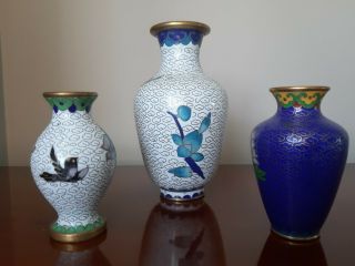 Trio of Lovely Vintage Chinese Cloisonne Ruyie Motif Vases Blue Pink Peonies 2