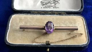 Antique Victorian 9ct Rolled Rose Gold & Amethyst Bar Brooch