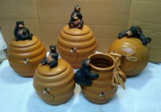 Rare Set Of 6 Honour Black Bear Honey Bee Hive Canister Or Cookie Jars