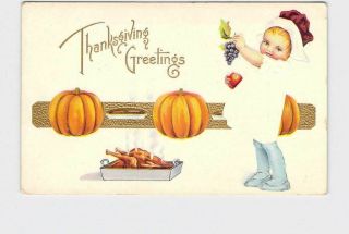 Antique Postcard Thanksgiving Little Girl White Dress Turkey Grapes Pumpkins Pik