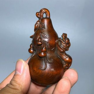Old Vintage Boxwood Collectible Japanese Netsuke Carve Pi Xiu & Gourd Statue C17