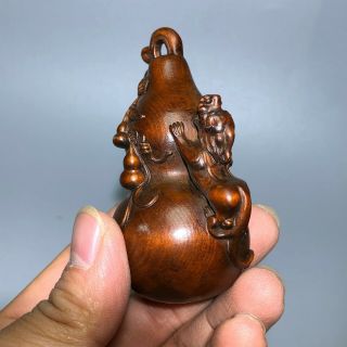 Old Vintage Boxwood Collectible Japanese Netsuke Carve Pi Xiu & Gourd Statue C17 2