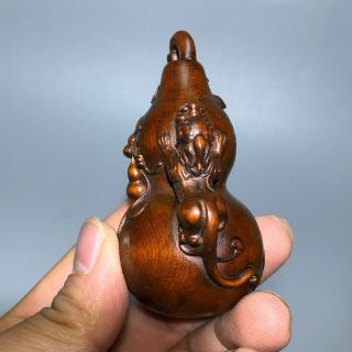 Old Vintage Boxwood Collectible Japanese Netsuke Carve Pi Xiu & Gourd Statue C17 3