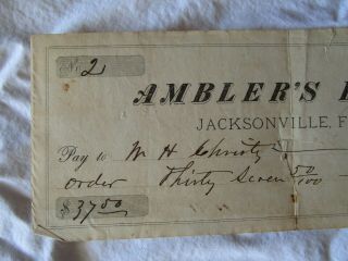Rare 1875 Old Florida Ambler ' s Bank Jacksonville Check w/ U.  S.  Postage Stamp 2
