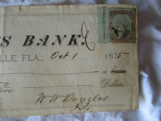 Rare 1875 Old Florida Ambler ' s Bank Jacksonville Check w/ U.  S.  Postage Stamp 3