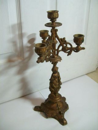 ANTIQUE METAL GOTHIC / CHURCH CANDELABRA.  JUST OVER 15 INCHES TALL 2
