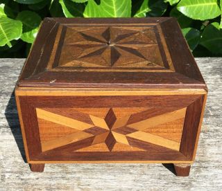 Old Vintage 1930 - 50s Art Deco Design Wooden Marquetry Trinket Table Box For Tlc