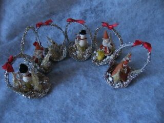 Antique Set Of 6 Christmas Tree Ornaments Metal Tinsel Basket Brush