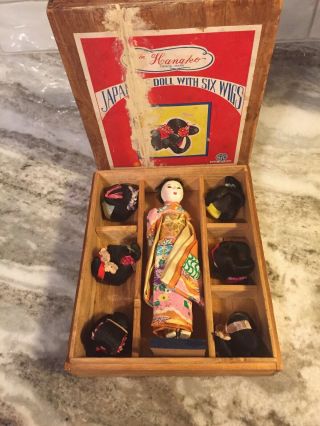 Antique Hanako Japanese Doll With 6 Wigs Wood Box 1950s