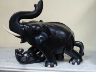 Elephant - Ebony - Huge - Fighting A Panther - Heavy - Detailed - Antique