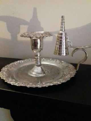 Vintage Ornate Silver Plate Chamberstick / Candlestick With Snuffer