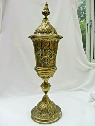 Antique Cup And Cover Large Brass Worn Silver Plate Goblet,  Chalice 17 " / 43 Cms