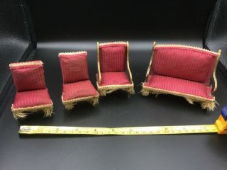Antique Dolls House Lounge Upholstered Sofa And Chairs With Fringe And Braiding