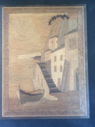 Vintage Sorrento Ware Inlaid Wooden Marquetry Panel Coastal Village Fishing Boat
