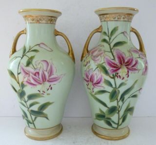 Antique Japanese Noritake Komaru Gilt Porcelain Vase Urn Tiger Lily Flower Green
