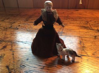 Antique German Bisque Head Dollhouse Doll And Her Cat