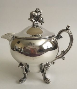 Vintage Silver Plated Footed Creamer With Flower Knob Lid - Unidentified Marking