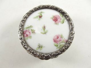 Antique Hand Painted Ceramic Pill Box With Silver Mounted Lid London 1908 R733/8