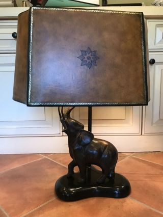 Rare Maitland Smith Bronze Trumpeting Elephant Table Lamp Faux Leather Shade
