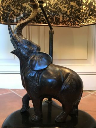 RARE Maitland Smith Bronze Trumpeting ELEPHANT Table Lamp Faux LEATHER shade 2