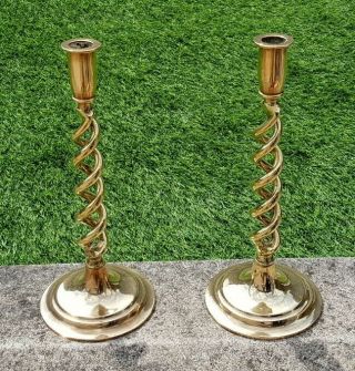 Vintage Antique Solid Brass Barley Twist Spiral Pair Candlesticks Polished 12 "