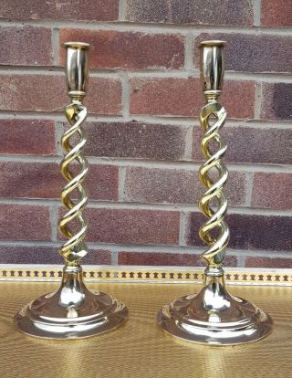 Vintage antique solid brass barley twist spiral pair candlesticks polished 12 