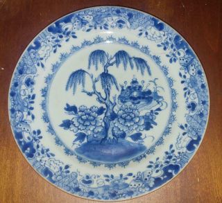 Qianlong 18th C Chinese Porcelain Blue & White Wllow Tree With Shrine Plate