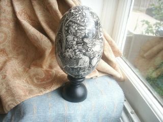 Old Vintage Bali Hand Painted Lacquer Decorated Wooden Egg On Stand Figural Wood