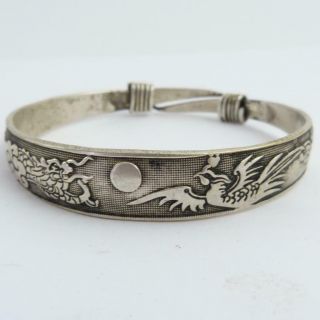 Antique Chinese Silver Expanding Bangle,  Dragon And Phoenix,  Marked