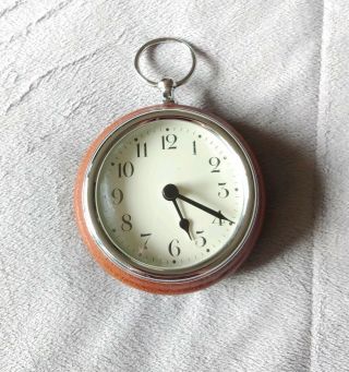 Pottery Barn Round Pocket Watch Style Clock Brown Leather Silver Quartz Battery