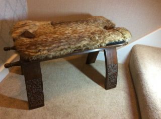 African Inspired Wooden And Fur Topped Stool - Fur Topped Cushion,  Wooden Frame