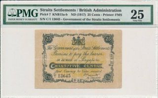 Government Of Straits Settlements 25 Cents Nd (1917) Rare Pmg 25