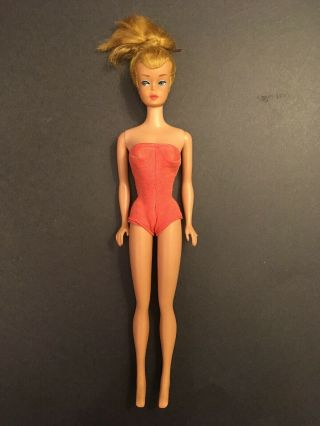 Vintage Barbie Dark Blonde Swirl Ponytail Doll 1964 Tlc Green Ear Coral Swimsuit