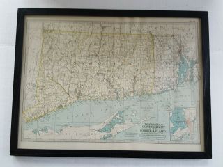 Vintage Antique Framed Map Connecticut And Rhode Island 1897 Century Atlas 10