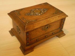 Stunning Antique Oak & Brass Mounts Wooden Box,  Ideal Jewellery Box ?