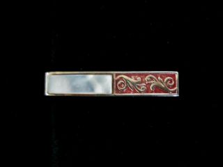 Vintage Art Deco Mother Of Pearl Red With Gold Tone Leaf Swirl Tie Bar Clip