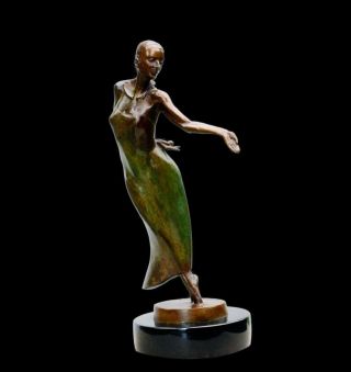 Andrew Devries Nocturne Bronze Dancing Lady Sculpture On Marble Base Signed Rare