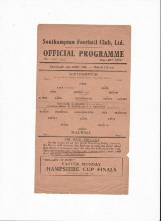 1942/43 Southampton V Millwall (rare Single Sheet)