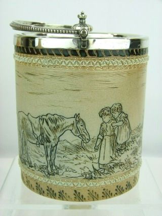A Fine Rare Doulton Lambeth Girls,  Dogs And Horses Biscuit Barrel Hannah Barlow.