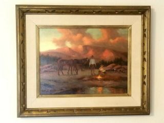 Rare Fine O/c Southwest Painting Cowboys Camp Around Fire Charles Damrow Listed