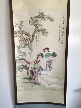 Chinese Vintage Scroll Painting With Silk Borders & Wooden Pole