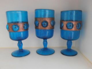 3 X Turquoise Hand Blown Glass Large Antique Goblets With Copper Collars