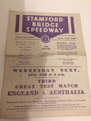 Rare Stamford Bridge V Wembley 16 - 8 - 1930 Speedway Programme