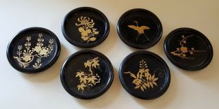 Japanese Black Lacquer Vintage Art Deco Oriental Antique Set Of Coasters