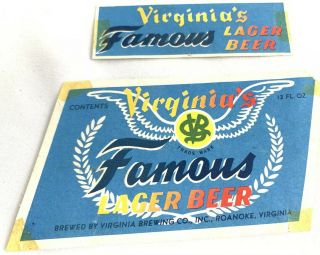 Rare Vintage Paper Beer Bottle Label Neck Virginias Famous Lager Brewing Roanoke