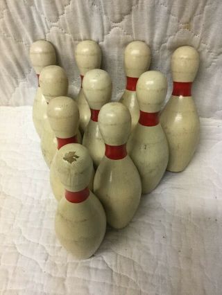 Rare Vintage Complete Set Of 10 Small Wooden Bowling Pins Half Size 7.  5 " Tall