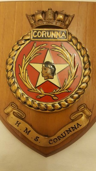 Vintage HMS CORUNNA ROYAL NAVY SHIP Plaque Wall Shield Hand Painted 2